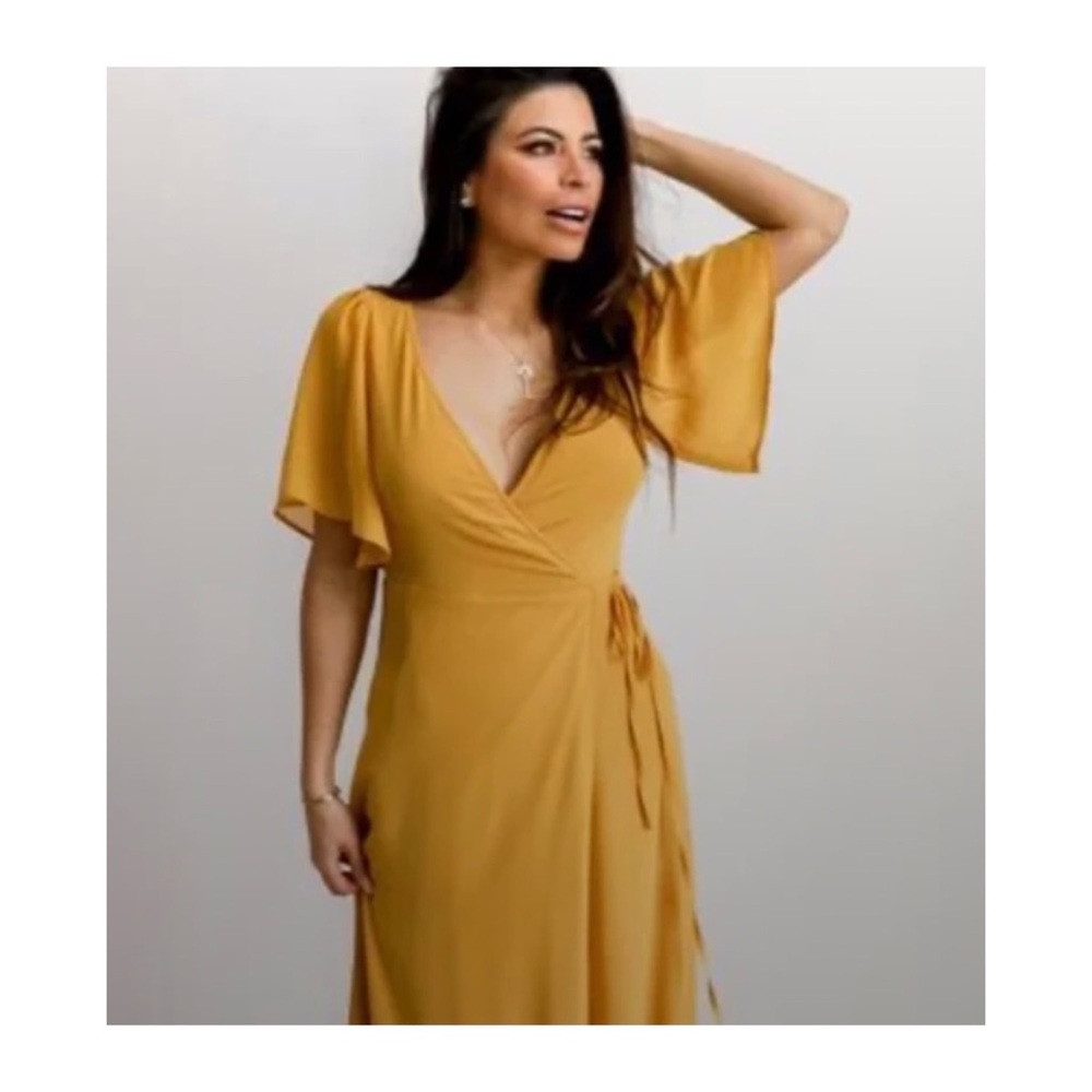 Baltic Born Mustard Yellow V-Neck Side Tie Flutter Sleeves Wrap Maxi Dress